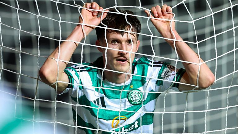 DUNDEE, SCOTLAND - DECEMBER 17: Celtic's Johnny Kenny looks dejected after missing a first half chance during a William Hill Premiership match between Dundee United and Celtic at the CalForth Construction Arena at Tannadice Park, on December 17, 2025, in Dundee, Scotland. (Photo by Ross MacDonald / SNS Group)