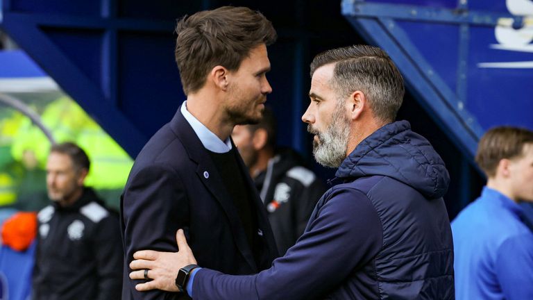 GLASGOW, SCOTLAND - OCTOBER 26: Kilmarnock Manager Stuart Kettlewell (R) and Rangers Head Coach Danny Rohl shake hands ahead of a William Hill Premiership match between Rangers and Kilmarnock at Ibrox Stadium, on October 26, 2025, in Glasgow, Scotland. (Photo by Alan Harvey / SNS Group)