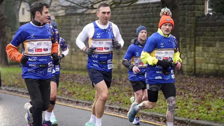 Kevin Sinfield was joined by Jonny Brownlee (left) and Josh Warrington (right) on day seven of the 7 in 7: Together 2025 Challenge