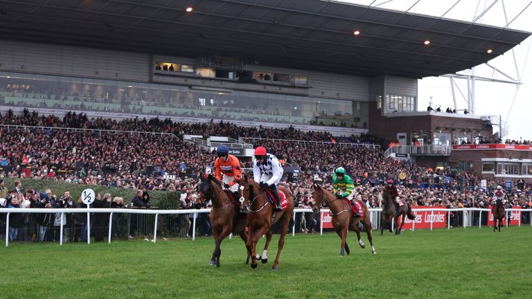 The field head down to the start in the King George VI Chase at Kempton in front of a packed Boxing Day crowd