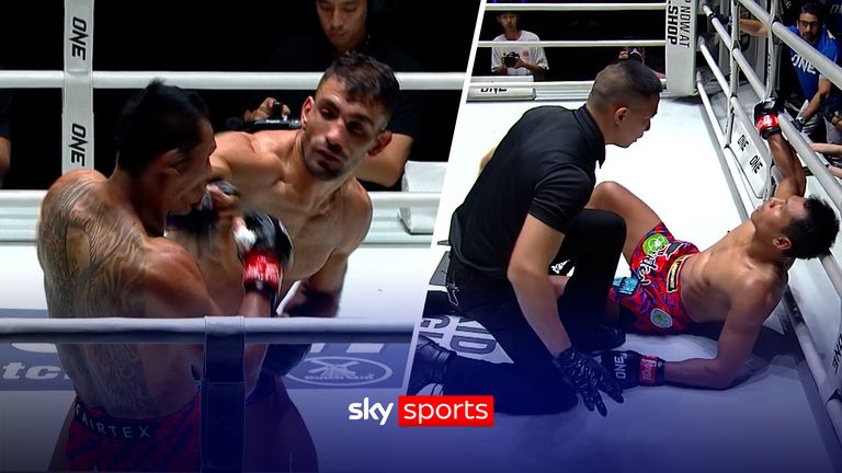 ONE fight Mohammed Siasarani lands a brutal knockout with his right-hand which leave his opponent Jo Nattawut unable to pick himself from the canvas before the referee's count/ 