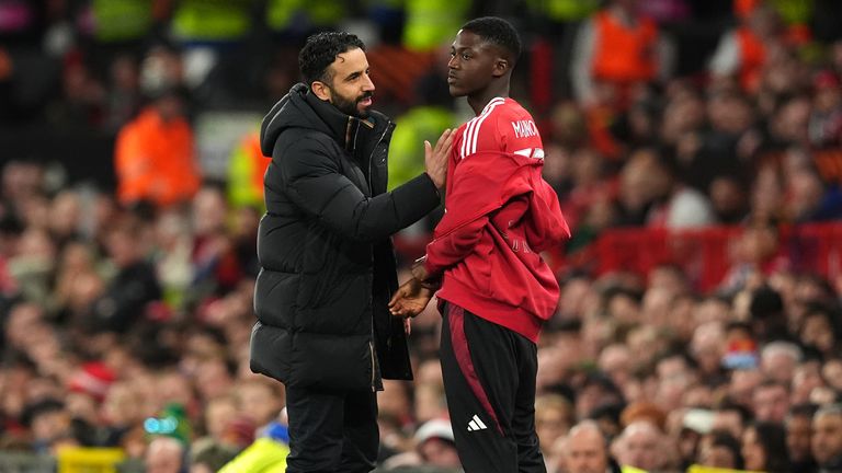 Manchester United manager Ruben Amorim instructs Kobbie Mainoo on the touchline during the UEFA Europa League quarter-final, second leg match at the Old Trafford in Manchester, England. Picture date: Thursday April 17, 2025. PA Photo. See PA story SOCCER Man Utd. Photo credit should read: Martin Rickett/PA Wire...RESTRICTIONS: Use subject to restrictions. Editorial use only, no commercial use without prior consent from rights holder.