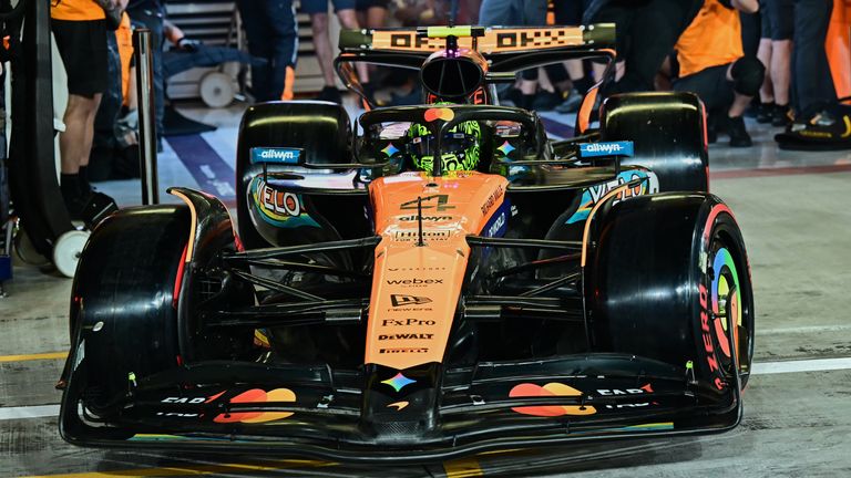 McLaren driver Lando Norris of Britain leaves the pit during the Formula One Grand Prix qualifying in Abu Dhabi, United Arab Emirates, Saturday, Dec. 6, 2025. (Giuseppe Cacace/Pool via AP)