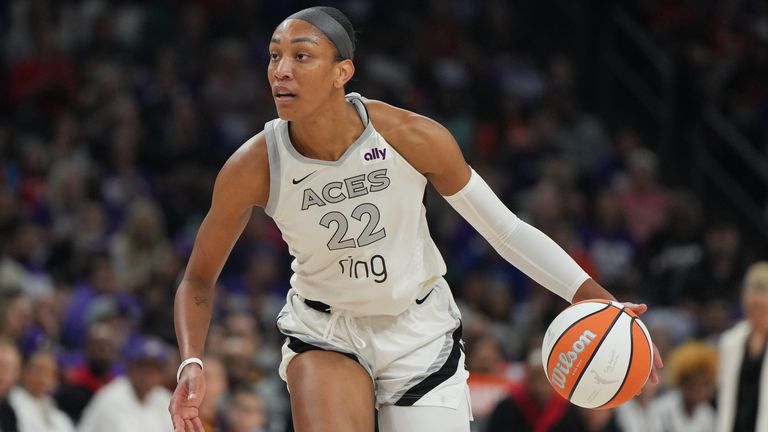 Las Vegas Aces center A'ja Wilson against the Phoenix Mercury during the WNBA basketball finals (AP Photo/Rick Scuteri)