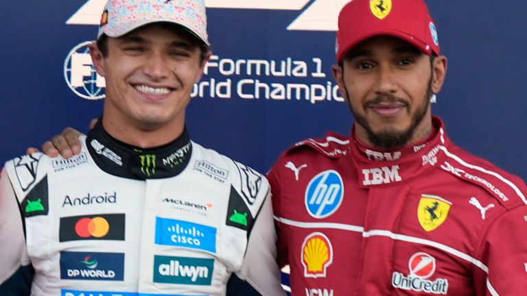 Lando Norris and Lewis Hamilton after qualifying for the 2025 Mexico City GP