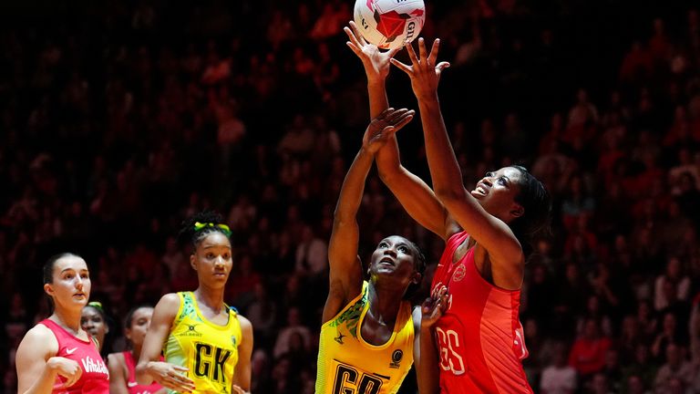 England's Liv Tchine and Jamaica's Jodi-Ann Ward in action during the Vitality Netball Horizon Series
