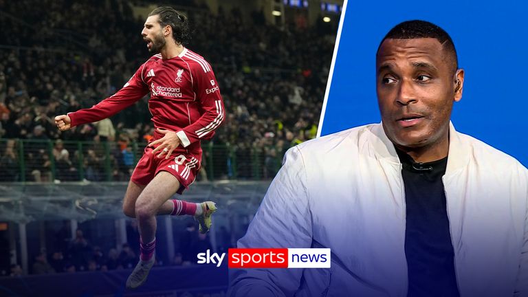 Liverpool's Dominik Szoboszlai celebrates after scoring his side's first goal from a penalty shot during a Champions League, league phase, soccer match between Inter Milan and Liverpool in Milan, Italy, Tuesday, Dec.9, 2025.