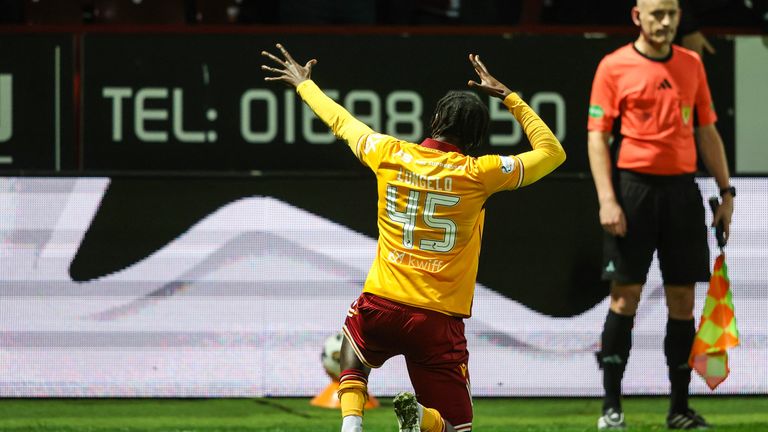MOTHERWELL, SCOTLAND - DECEMBER 06: Motherwell's Emmanuel Longelo celebrates after scoring to make it 3-0  during a William Hill Premiership match between Motherwell and Livingston at Fir Park, on December 06, 2025, in Motherwell, Scotland. (Photo by Craig Foy / SNS Group)
