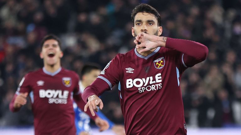 Lucas Paqueta celebrates after making it 2-1 to West Ham late in the first half