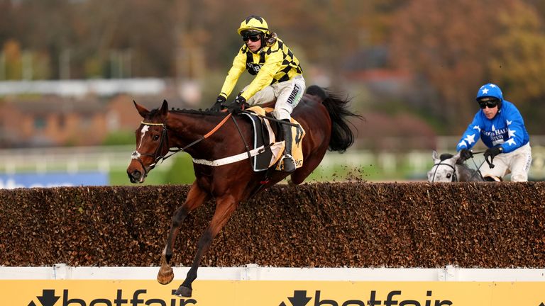 Lulamba ridden by Nico de Boinville jumps the last on the way to winning the Betfair Henry VIII Novices' Chase at Sandown Park