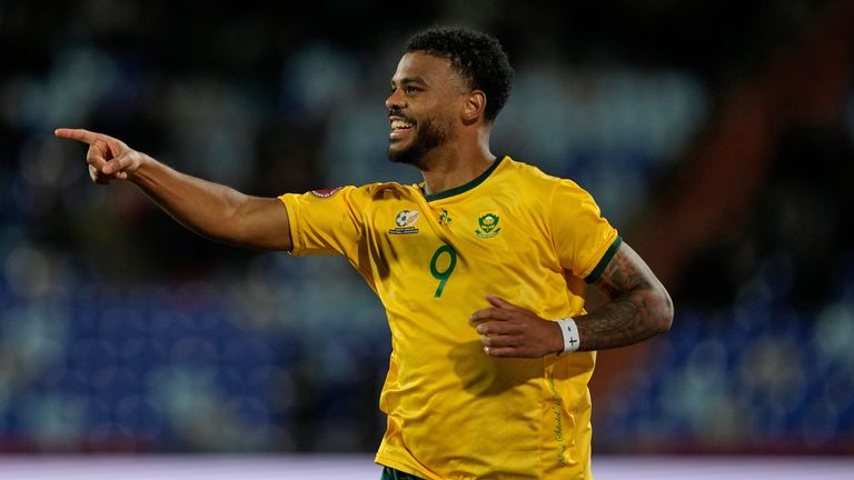 South Africa's Lyle Foster celebrates after scoring a goal during the Africa Cup of Nations group B soccer match between Angola and South Africa in Marrakech, Morocco, Monday, Dec. 22, 2025. (AP Photo/Themba Hadebe)