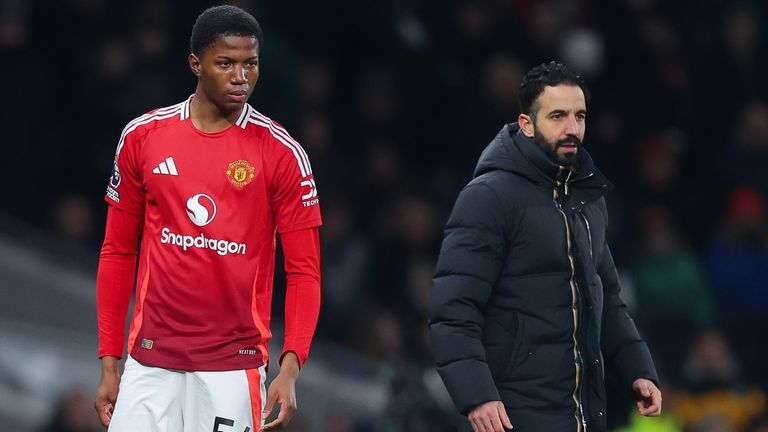 Chido Obi in action for Manchester United as manager Ruben Amorim watches on