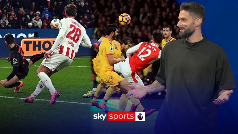 Oliver Giroud reacts to fellow countryman's Martin Terrier 'scorpion kick' goal against FC Köln and compares to his memorable goal against Crystal Palace in 2017.  Images: PA/AP