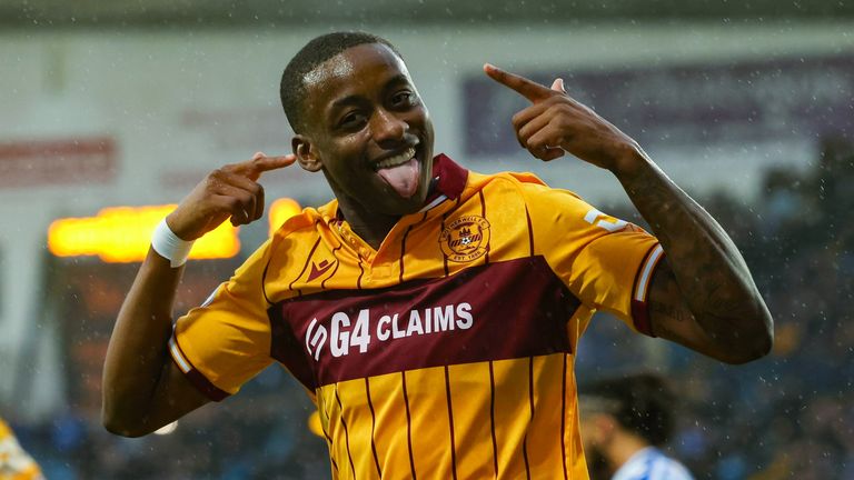 KILMARNOCK, SCOTLAND - NOVEMBER 22: Motherwell's Tawanda Maswanhise celebrates scoring to make it 1-0 during a William Hill Premiership match between Kilmarnock and Motherwell at The BBSP Stadium Rugby Park, on November 22, 2025, in Kilmarnock, Scotland.  (Photo by Craig Foy / SNS Group)