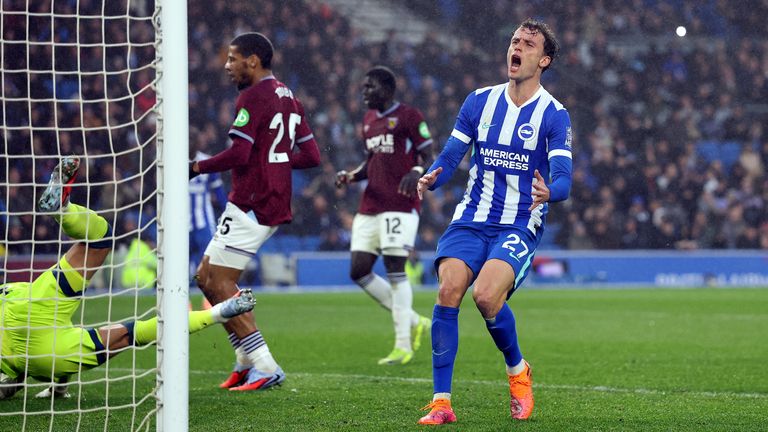 Brighton's Mats Wieffer reacts after a missed chance