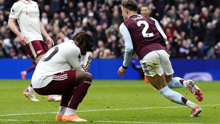 Matty Cash fires Aston Villa ahead against Arsenal as Eberechi Eze looks on in dismay