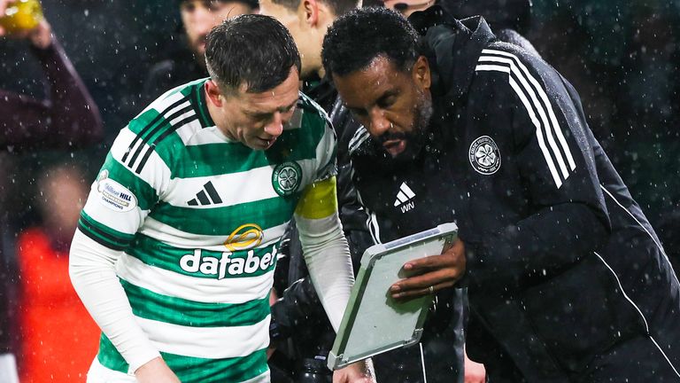 GLASGOW, SCOTLAND - DECEMBER 07: Celtic Manager Wilfried Nancy and Callum Mcgregor during a William Hill Premiership match between Celtic and Heart of Midlothian at Celtic Park, on December 07, 2025, in Glasgow, Scotland. (Photo by Craig Williamson / SNS Group)