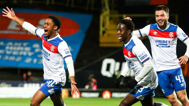 DUNDEE, SCOTLAND - DECEMBER 03: Rangers Jayden Meghoma celebrates after scoring to make it 1-1 during a William Hill Permiership match between Dundee United and Rangers at The CalForth Construction Arena at Tannadice, on December 03, 2025, in Dundee, Scotland. (Photo by Alan Harvey / SNS Group)