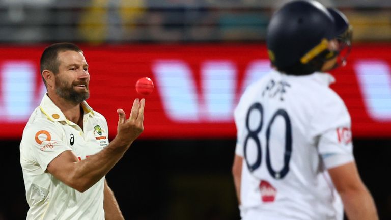 Australia's Michael Neser celebrates after dismissing Ollie Pope in the Brisbane Test (Associated Press)