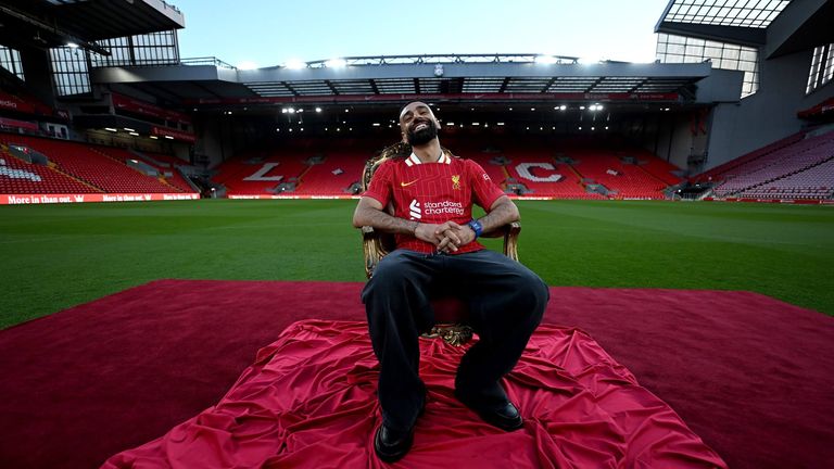 Salah sits on his ‘throne’ after signing his contract in April
Credit: Andrew Powell/Liverpool FC via Getty Images