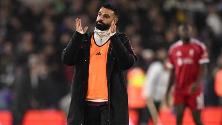 Mohamed Salah applauds Liverpool's fans after a Premier League match against Leeds United. 
Credit: Oli Scarff/AFP via Getty Images