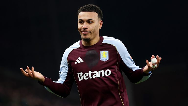 Morgan Rogers celebrates his second goal to restore Villa's lead