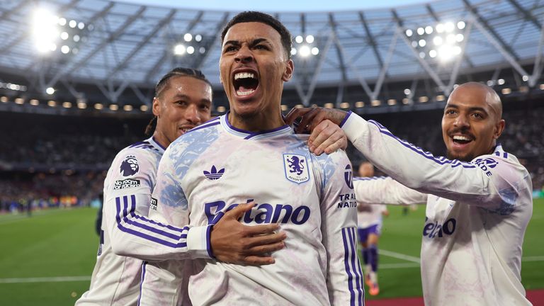 Aston Villa's Morgan Rogers celebrates scoring at West Ham