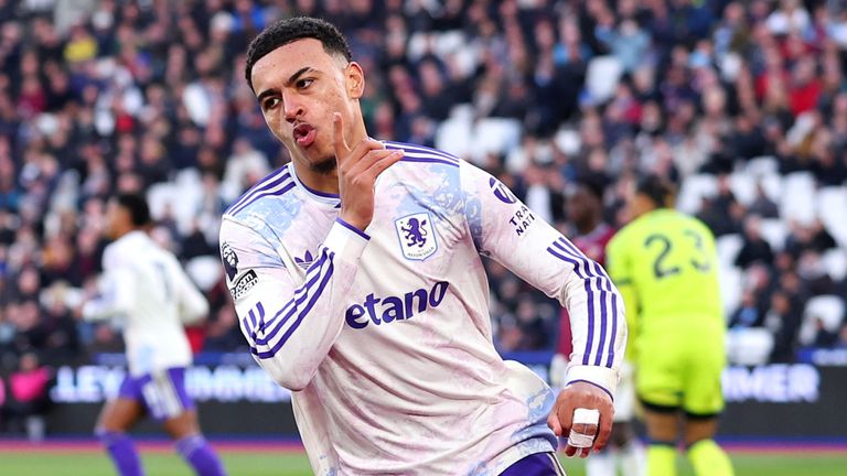 Morgan Rogers celebrates after equalising for Aston Villa at London Stadium