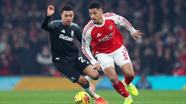 Morgan Rogers of Aston Villa challenges William Saliba of Arsenal