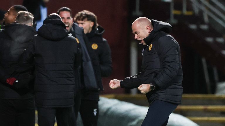 MOTHERWELL, SCOTLAND - DECEMBER 30: Motherwell manager Jens Bartel Askou celebrates Elliot Watt's goal to make it 2-0 during the William Hill Premiership match between Motherwell and Celtic on December 30, 2025 at Fir Park in Motherwell, Scotland. (Photo provided by Craig Williamson/SNS Group)