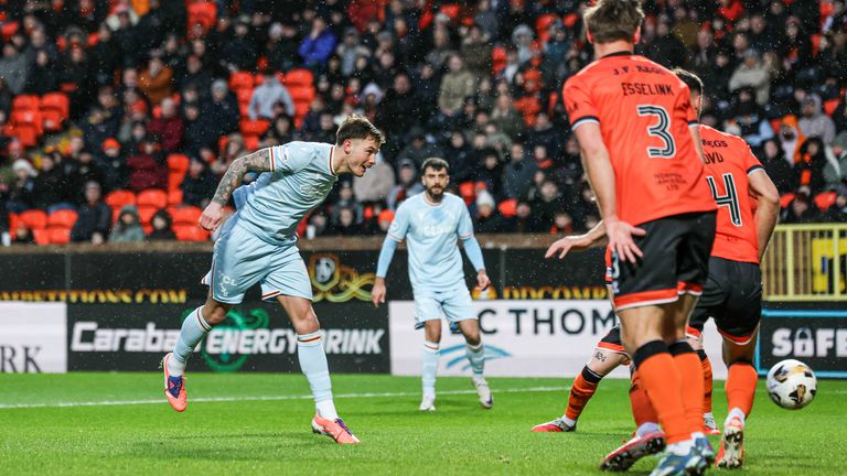 Motherwell's Callum Hendry heads wide in the stalemate against Dundee United