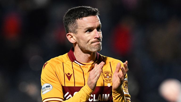 Motherwell's Paul McGinn at Full Time during a Scottish Premiership match between Falkirk and Motherwell at Falkirk Stadium