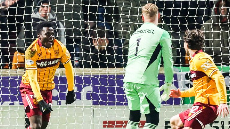Motherwell's Ibrahim Said (L) celebrates scoring to make it 1-0 vs Celtic