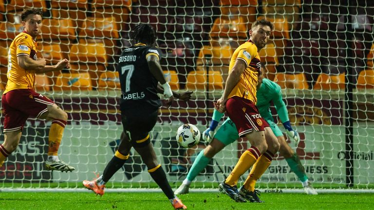 MOTHERWELL, SCOTLAND - DECEMBER 06: Livingston's Mahamadou Sissoho has a shot at goal during a William Hill Premiership match between Motherwell and Livingston at Fir Park, on December 06, 2025, in Motherwell, Scotland. (Photo by Craig Foy / SNS Group)