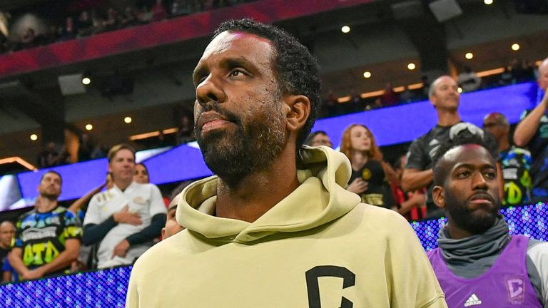 ATLANTA, GA ... NOVEMBER 07: Columbus head coach Wilfried Nancy reacts prior to the start of the MLS Cup playoff match between Columbus Crew and Atlanta United FC on November 6th, 2023 at Mercedes-Benz Stadium in Atlanta, GA. (Photo by Rich von Biberstein/Icon Sportswire) (Icon Sportswire via AP Images)