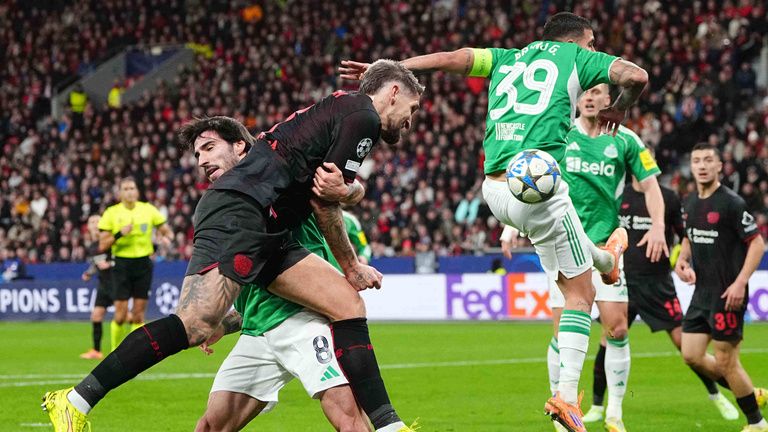 December 10 2025: Rodert Andrich of Bayer 04 Leverkusen scores and celebrates his teams first goal during a Champions League game, Bayer 04 Leverkusen vs Newcastle, at Bay Arena, Leverkusen, Germany. Ulrik Pedersen/CSM (Credit Image: .. Ulrik Pedersen/Cal Sport Media) (Cal Sport Media via AP Images)