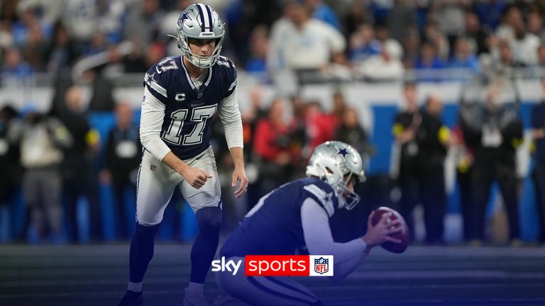Dallas Cowboys kicker Brandon Aubrey (17), with Bryan Anger holding, attempts a field goal against the Detroit Lions during the second half of an NFL football game Thursday, Dec. 4, 2025, in Detroit. (AP Photo/Ryan Sun)
