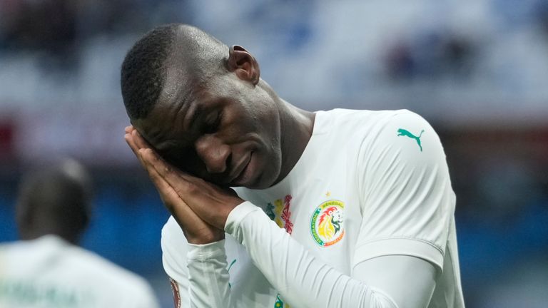 Senegal's Nicolas Jackson celebrates after scoring during the Africa Cup of Nations group D soccer match between Senegal and Botswana