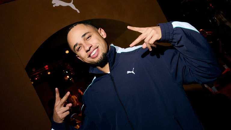 Leeds forward Noah Okafor speaking at the launch of PUMA's new FUTURE 9 football boot