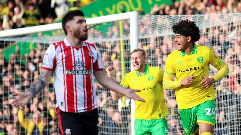 Jovon Makama celebrates scoring Norwich's second goal against Southampton