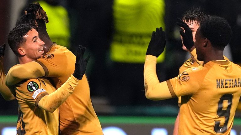 Yeremy Pino is congratulated after scoring Crystal Palace's third goal against Shelbourne