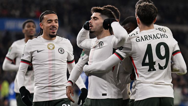 Pedro Neto celebrates with Chelsea team-mates after restoring their lead against Cardiff