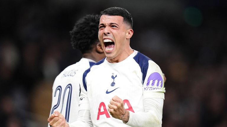 Tottenham defender Pedro Porro celebrates during the 3-0 win against Slavia Prague
