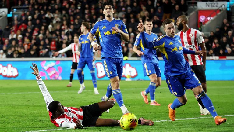 Igor Thiago goes down in the penalty area before VAR overturns the referee's decision to award a spot kick