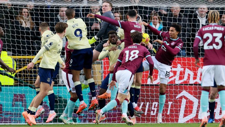 Armando Broja's effort is repelled by the Everton defence