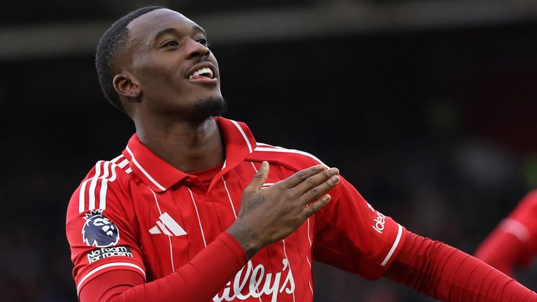 Callum Hudson-Odoi celebrates after doubling Nottingham Forest's lead against Spurs