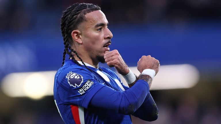 Malo Gusto celebrates after doubling Chelsea's lead against Everton