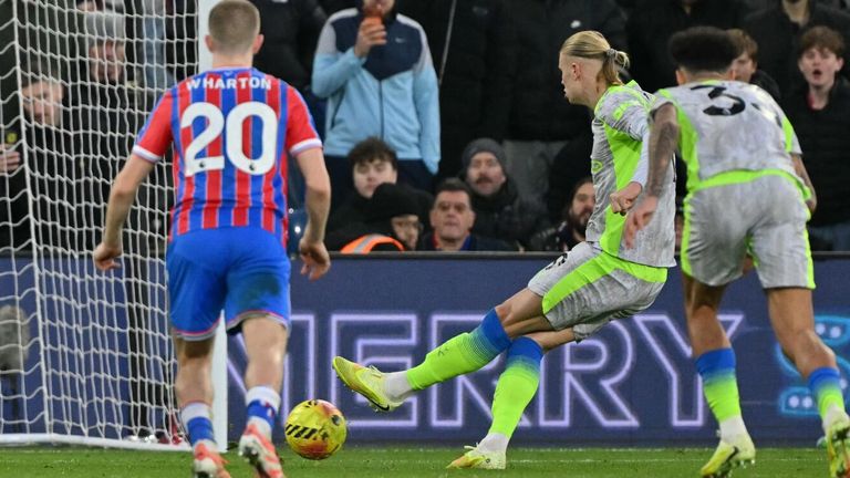 Erling Haaland scores from the penalty spot at Selhurst Park