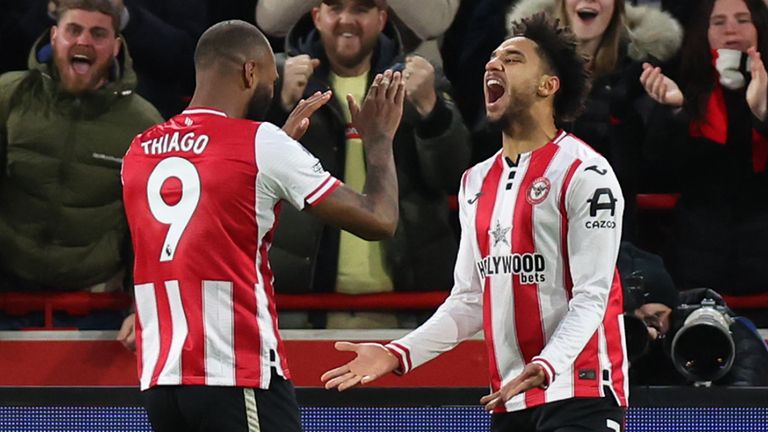 Kevin Schade celebrates after giving Brentford a 3-0 lead against Bournemouth