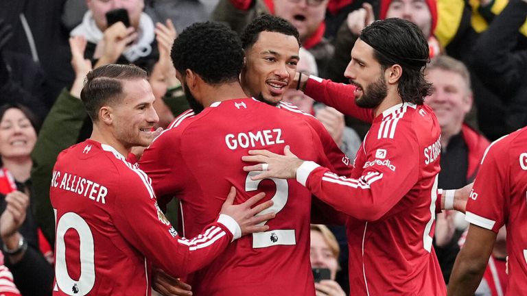 Hugo Etikite is mobbed by his team-mates after giving Liverpool a first-minute lead against Brighton